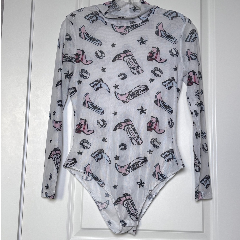 Womens‎ White Mesh Mock Neck Long Sleeve Cowboy Boot Print Bodysuit Size M